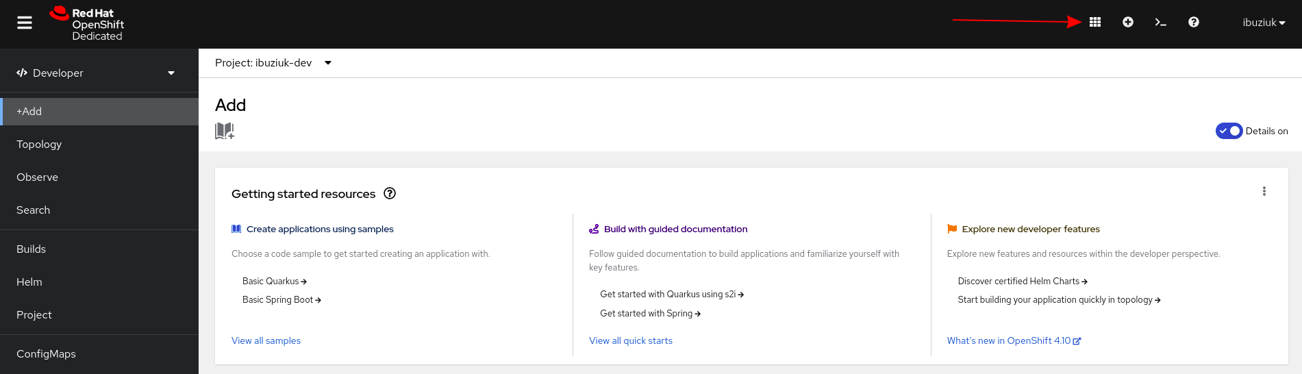Applications in the drop-down menu